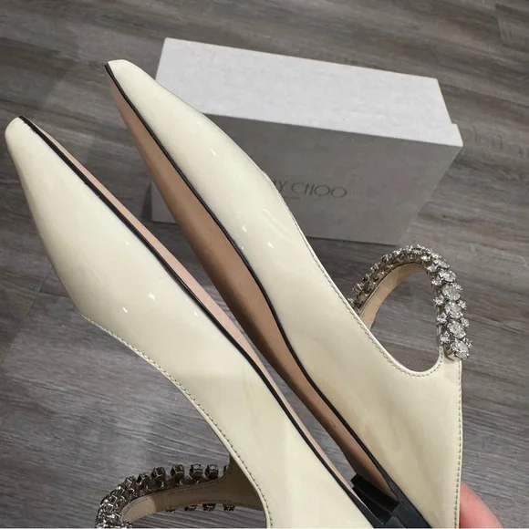 Jimmy Choo Bing Crystal Strap Patent Leather in Linen Mule Flats - Picture 12 of 16